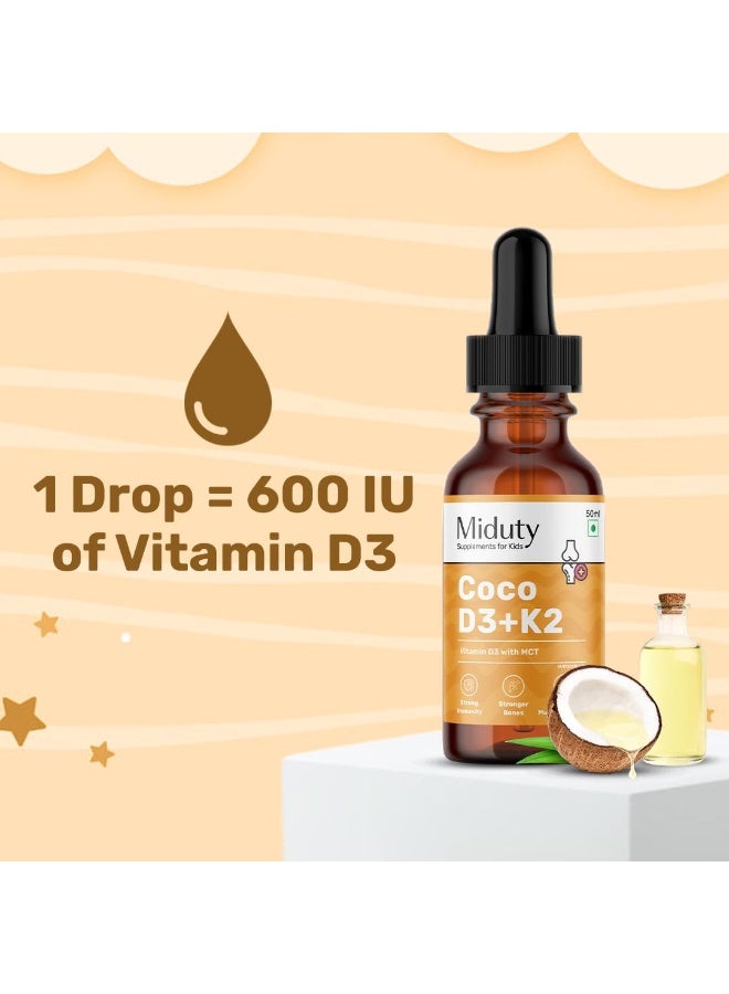 Miduty Kids Calcium 60 Chewables + Kids Coco D3 50ml Drops – Chewable Calcium with D3, K2 & Magnesium for Strong Bones, Teeth & Immunity + MCT-Based Vitamin D3 Drops for Better Absorption - Image 2