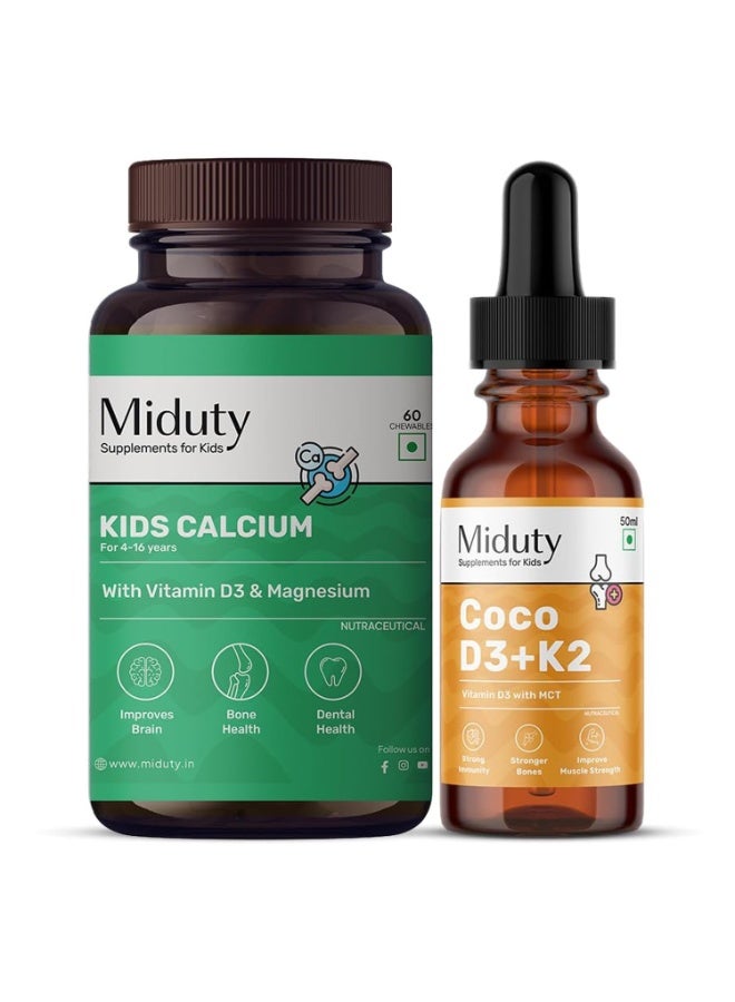Miduty Kids Calcium 60 Chewables + Kids Coco D3 50ml Drops – Chewable Calcium with D3, K2 & Magnesium for Strong Bones, Teeth & Immunity + MCT-Based Vitamin D3 Drops for Better Absorption - Image 1