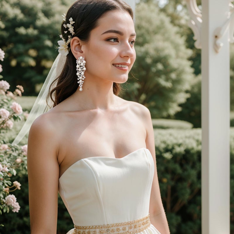 BriLove Wedding Bridal Simulated Pearl Earrings for Women Crystal Chandelier Multi Beaded Cluster Dangle Jewelry Ivory Color Silver-Tone - Image 3