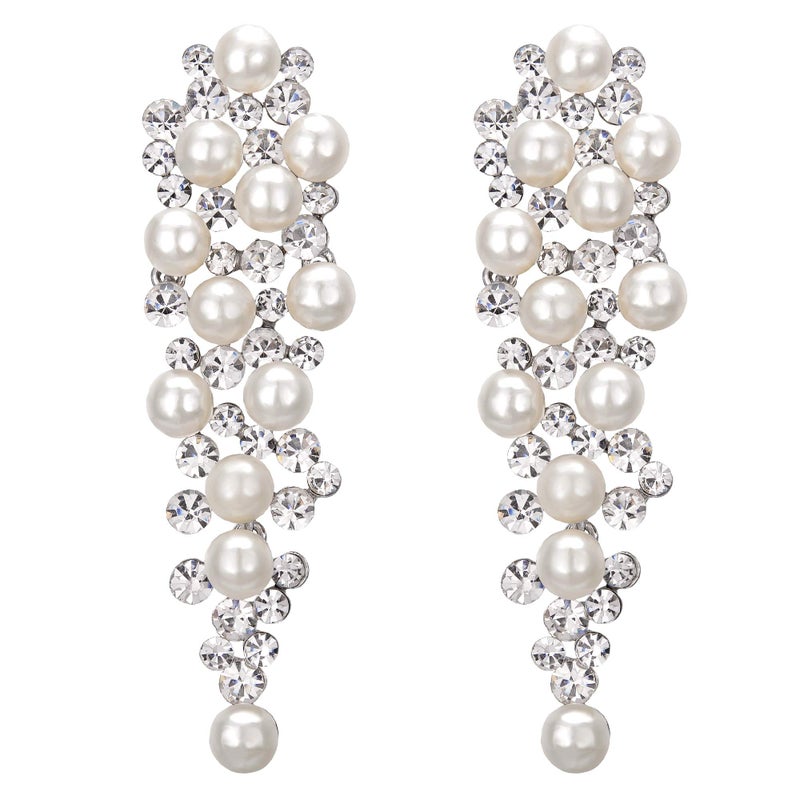 BriLove Wedding Bridal Simulated Pearl Earrings for Women Crystal Chandelier Multi Beaded Cluster Dangle Jewelry Ivory Color Silver-Tone - Image 1