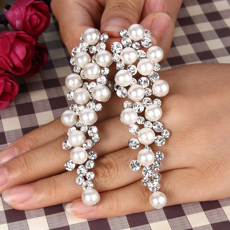 BriLove Wedding Bridal Simulated Pearl Earrings for Women Crystal Chandelier Multi Beaded Cluster Dangle Jewelry Ivory Color Silver-Tone - Image 4