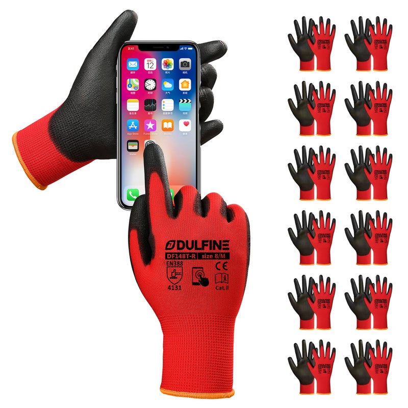 DULFINE Safety Work Gloves PU Coated for Men and Women-12 Pairs,Red Seamless Knit Glove with Two Fingers Touchscreen,Ideal for General Duty Work (Medium) - Image 1