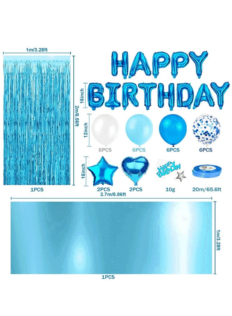 Mr. Penda 46 Pack Birthday Party Decoration, Happy Birthday Banner, Sky-Blue Fringe Curtain, Heart Star Foil Confetti Balloons, Foil Tablecloth,10g Table Confetti for Kids Adults (Sky-Blue) - Image 2