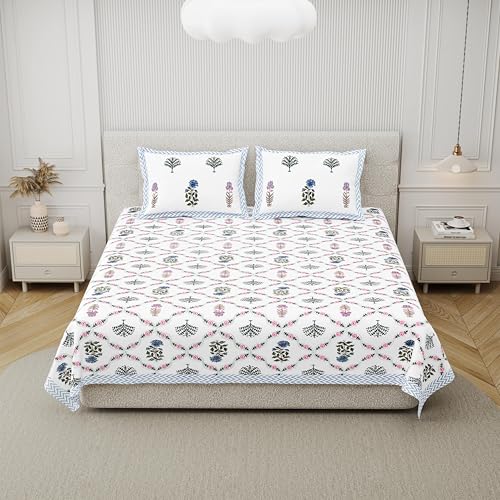 DE CAMA Since 1997 | 100% Cotton 300 TC Premium King Size Bedsheet for Double Bed (90 x 108 Inch) with 2 Pillow Covers Set (17 x 27 Inch) Hand Block Printed Bedsheet Set - Blue & Pink - Image 3