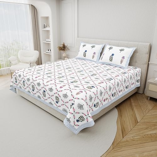 DE CAMA Since 1997 | 100% Cotton 300 TC Premium King Size Bedsheet for Double Bed (90 x 108 Inch) with 2 Pillow Covers Set (17 x 27 Inch) Hand Block Printed Bedsheet Set - Blue & Pink - Image 4