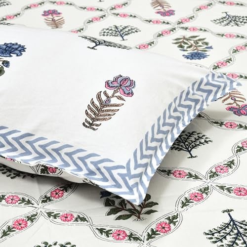 DE CAMA Since 1997 | 100% Cotton 300 TC Premium King Size Bedsheet for Double Bed (90 x 108 Inch) with 2 Pillow Covers Set (17 x 27 Inch) Hand Block Printed Bedsheet Set - Blue & Pink - Image 2