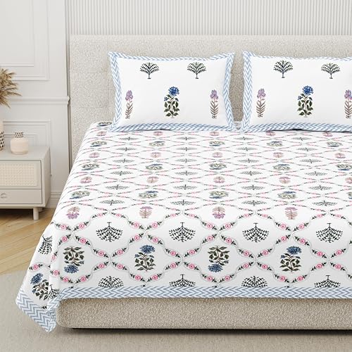 DE CAMA Since 1997 | 100% Cotton 300 TC Premium King Size Bedsheet for Double Bed (90 x 108 Inch) with 2 Pillow Covers Set (17 x 27 Inch) Hand Block Printed Bedsheet Set - Blue & Pink - Image 1