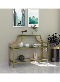 RIGID Steel Console Table with Glass Top & Storage Shelf Gold 83x109x30cm  - Image 1