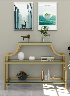 RIGID Steel Console Table with Glass Top & Storage Shelf Gold 83x109x30cm  - Image 2