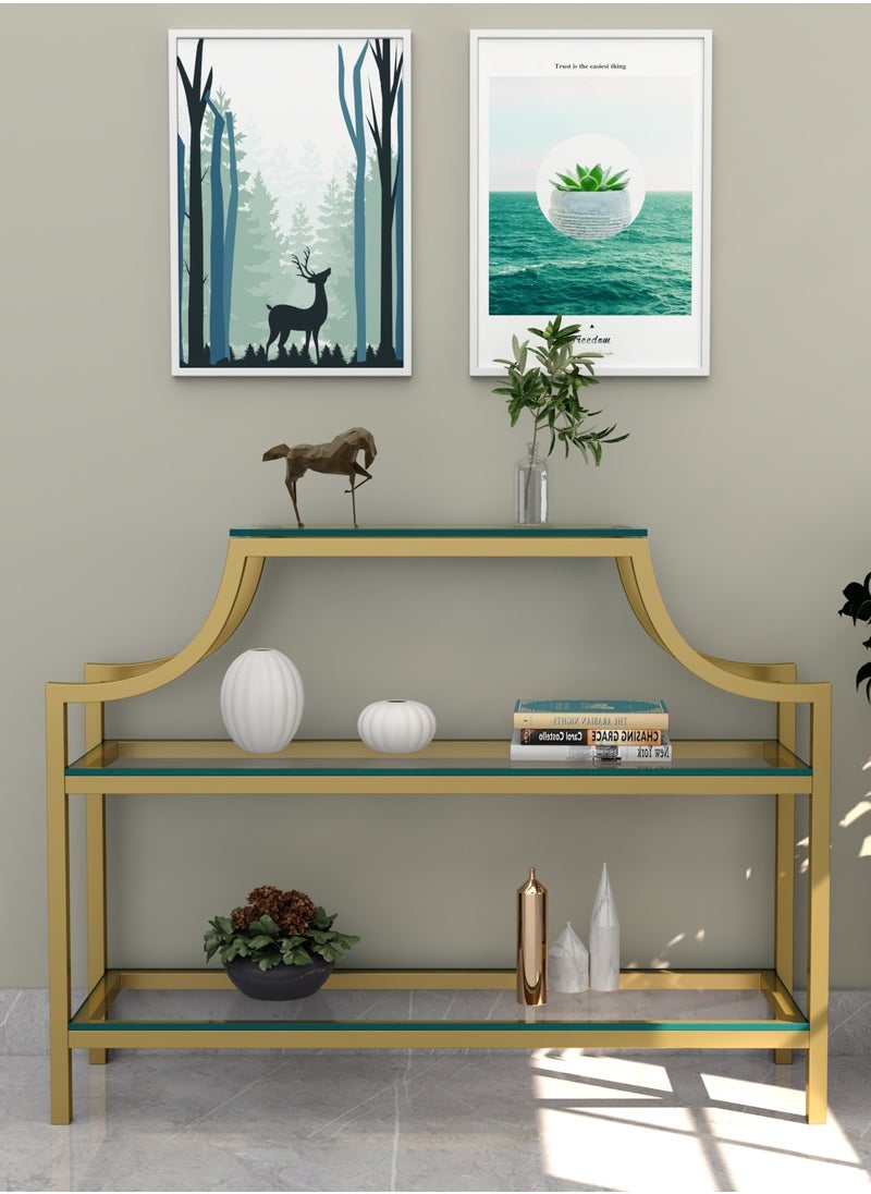 RIGID - Steel Console Table with Glass Top & Storage Shelf Gold 83x109x30cm - Image 1