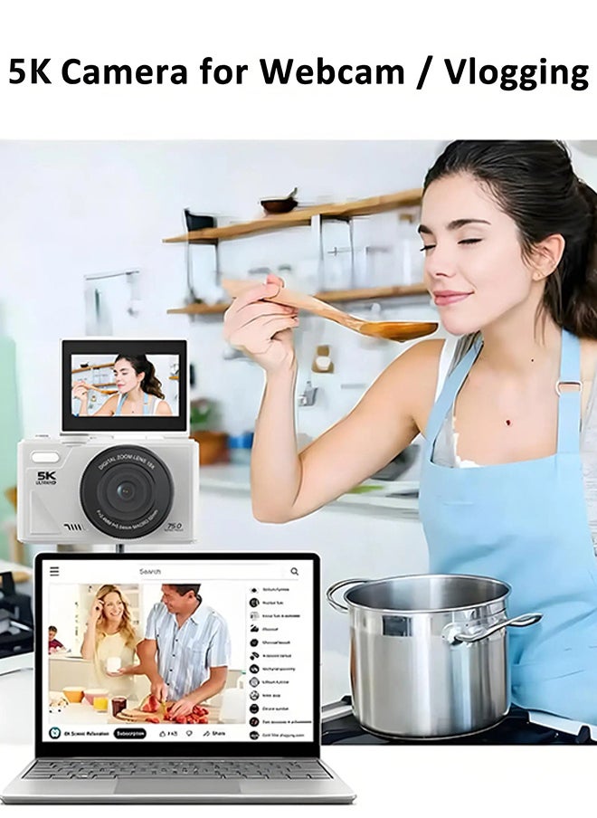 ماركة غير محددة - كاميرا رقمية فائقة الدقة 5K للتصوير الفوتوغرافي، كاميرا رقمية بدقة 75 ميجابكسل لليوتيوب مع شاشة قلابة 3 بوصات 180 درجة، تقريب رقمي 18X كاميرا تسجيل فيديو مع بطاقة Micro SD سعة 128 جيجابايت، هدية عيد ميلاد للطلاب - Image 1