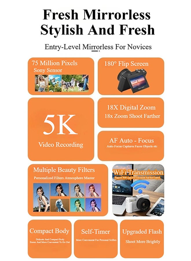 ماركة غير محددة - كاميرا رقمية فائقة الدقة 5K للتصوير الفوتوغرافي، كاميرا رقمية بدقة 75 ميجابكسل لليوتيوب مع شاشة قلابة 3 بوصات 180 درجة، تقريب رقمي 18X كاميرا تسجيل فيديو مع بطاقة Micro SD سعة 128 جيجابايت، هدية عيد ميلاد للطلاب - Image 1
