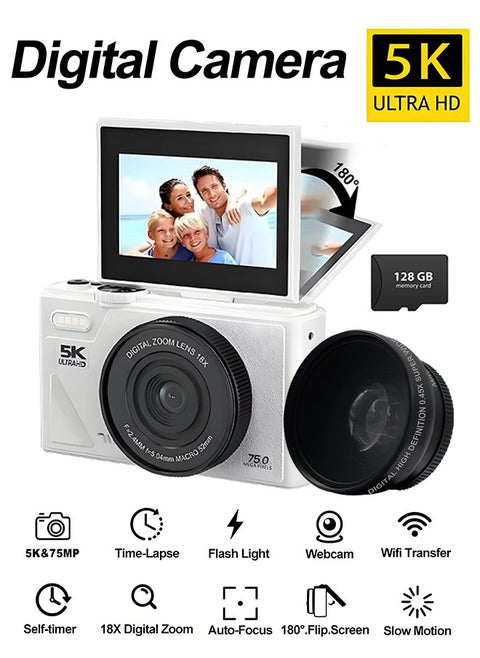 5K Ultra-High Digital Camera for Photography, 75MP Camera Digital for YouTube with 3" 180° Flip Screen, 18X Digital Zoom Point and Shoot Camara Vlogging Camera with 128GB Micro SD Card,Student Camera Birthday Gift