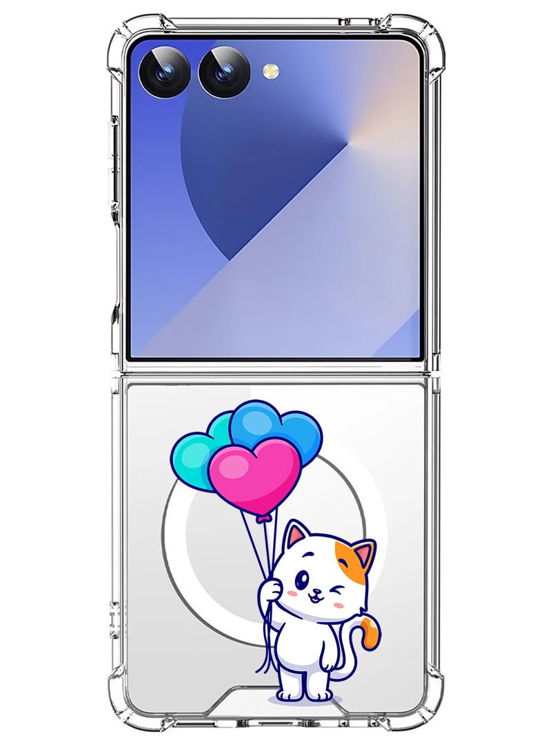Theodor Magnetic Case for Samsung Galaxy Z Flip 7 Compatible with MagSafe Wireless Charging, Shockproof Phone Bumper Cover Cat holding Baloons - Image 1