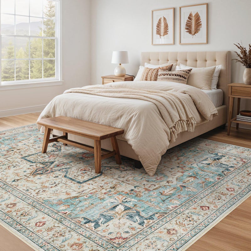 Tortania Area Rug Living Room Rugs - 8x10 Washable Boho Rug Vintage Oriental Distressed Farmhouse Large Thin Indoor Carpet for Living Room Bedroom Under Dining Table Home Office - Aqua Multi - Image 2