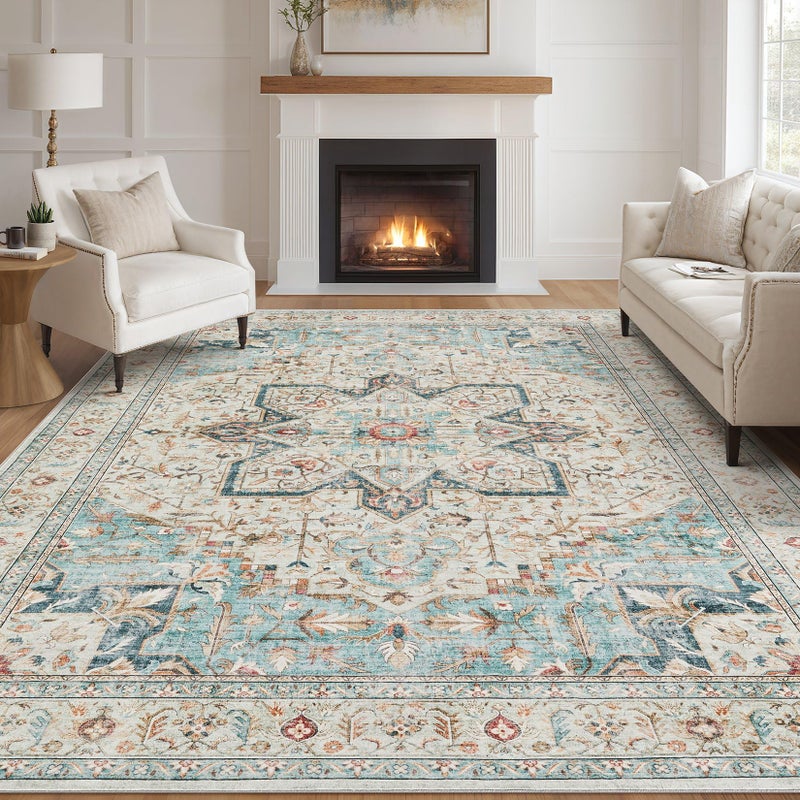 Tortania Area Rug Living Room Rugs - 8x10 Washable Boho Rug Vintage Oriental Distressed Farmhouse Large Thin Indoor Carpet for Living Room Bedroom Under Dining Table Home Office - Aqua Multi - Image 1
