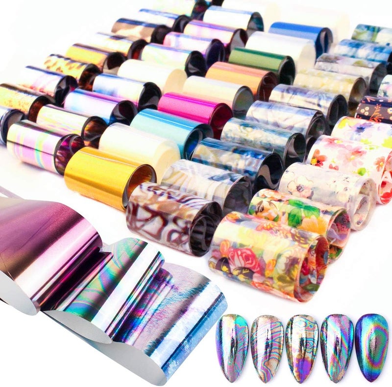 SILPECWEE 50 Sheets Laser Nail Foil Transfer Set Marble Flower Aurora Design Nail Art Stickers Decals Tips Starry Sky Star Manicure DIY Tools