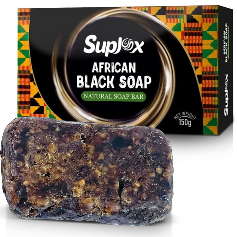 Suplox أفضل صابون أسود أفريقي عضوي خام يدوم طويلاً للبشرة الدهنية 100% منظف طبيعي للجسم من غانا مصنوع من مكونات طبيعية - Image 1