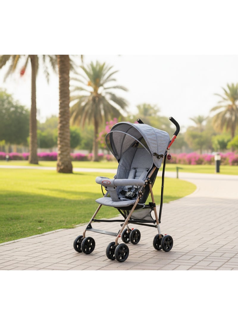 اس ام ار كيدز عربة أطفال SMR-213 خفيفة قابلة للطي، رمادي، إطار معدني مع عجلات مزدوجة، مظلة واقية، حزام أمان، مقعد مبطن مريح، مثالية للتنقل اليومي والسفر - Image 2