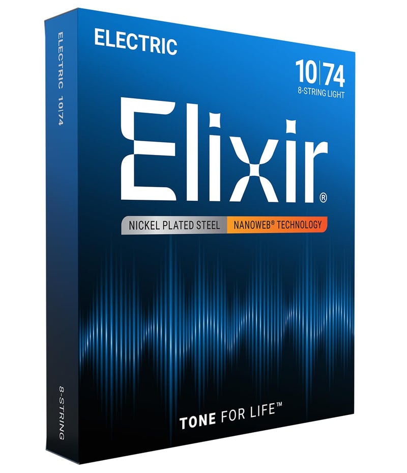 Elixir Strings, Electric Guitar Strings, Nickel Plated Steel with NANOWEB Coating, Longest-Lasting Bright Tone with Comfortable Feel, 8 String Light 10-74 - Image 1