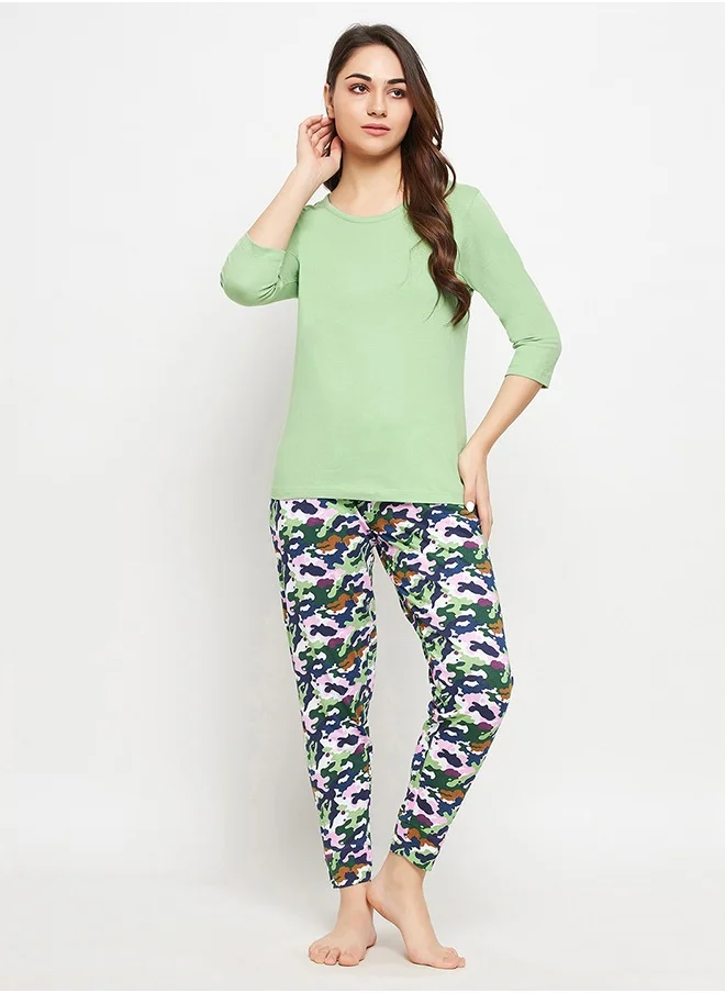 Clovia Clovia Chic Basic Top & Camouflage Print Pyjama in Mint Green - 100% Cotton