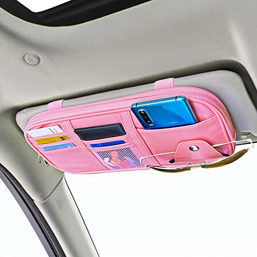 Da by Car Sun Visor Organizer Auto Interior Accessories Visor Pocket Organizer Car Truck Visor Storage Pouch Holder with Multi-Pocket Double Zippers New (Pink) - Image 1