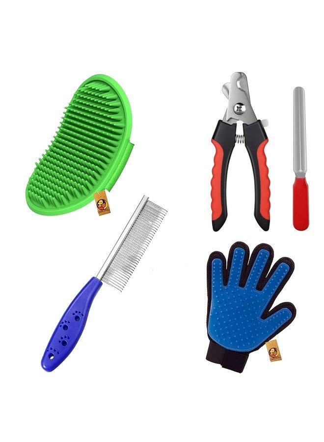 Pet Grooming Combo For Dogs And Cats | Nail Clipper/Cutter With Filer, True Touch Massaging Glove, Soothing/Bathing Glove, And Stainless Steel Paw Design Comb (Combo Of 4) - Image 1