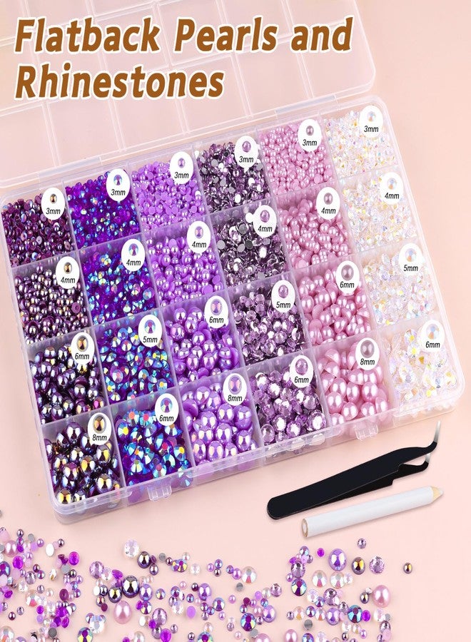 TINKRSTUFF 9000PCS Flatback Pearls and Purple Rhinestones for Bedazzling Kit, Purple Mixed Size 3-10mm Resin Rhinestones Gems and Half Pearls for Crafting, Nail Art Crafts Decoration - Image 3
