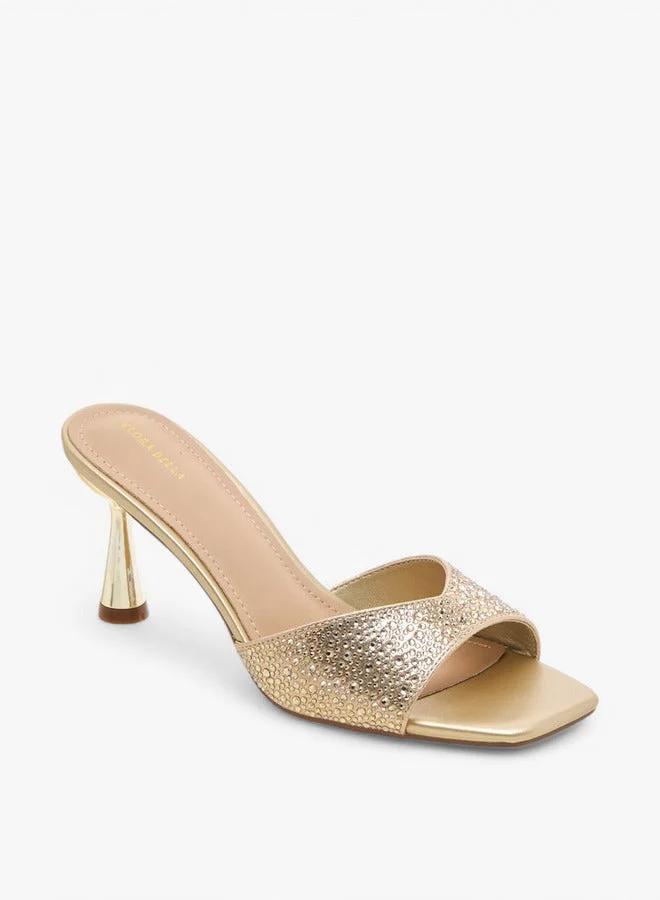 Flora Bella By Shoexpress Embellished Slip-On Sandals with Flared Heel