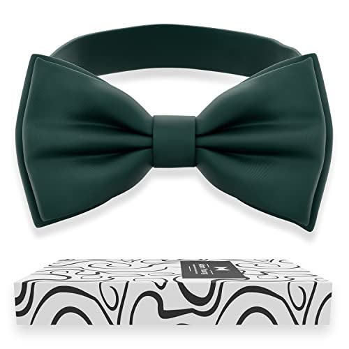 Adam Young Men's Hunter Green Bow Tie Pre-Tied Style Formal Satin Classic Bowtie for Tuxedo Faux Silk (Large, Dark Green) - Image 1