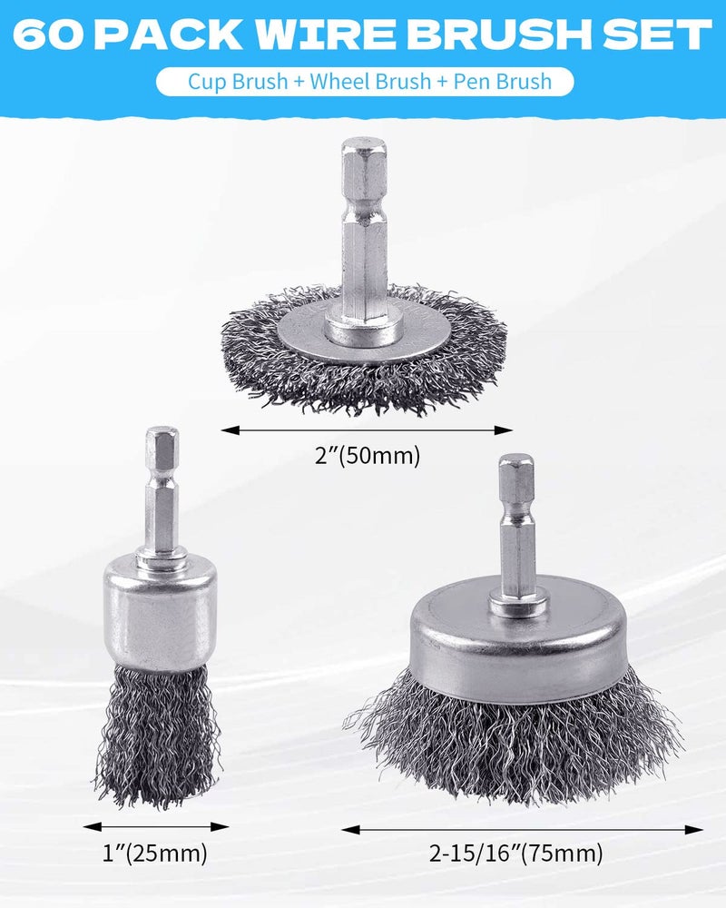 Rocaris 60 Pack Rocaris Carbon Steel Wire Wheel Brush Set - Cup  Wheel  And Pen Brushes With 1/4-Inch Hex Shank For Rust Removal  Corrosion And Scrub Surfaces - Image 3
