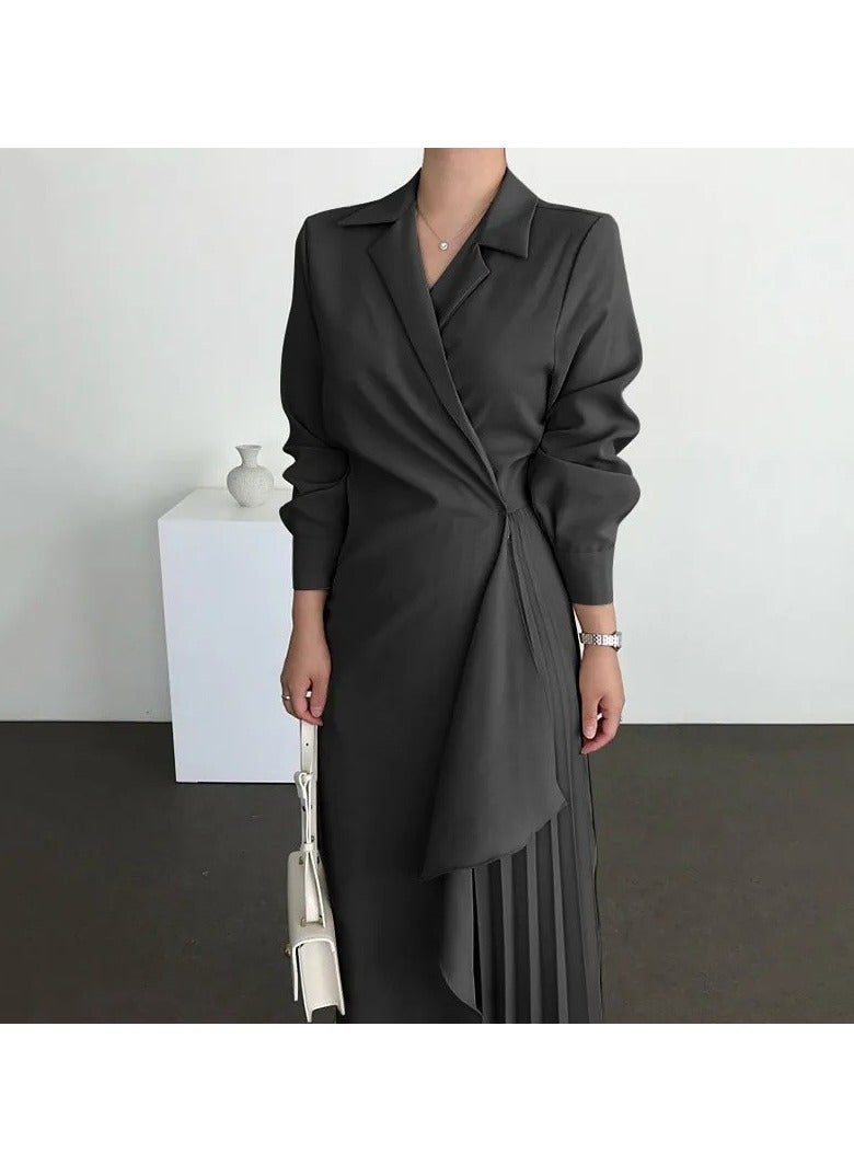Elegant Suit Dress ，Women Fashion Business Lapel Skirt Dress，Long Sleeve High Waist Dress Windbreaker Style Large Skirt Dress  - Image 2