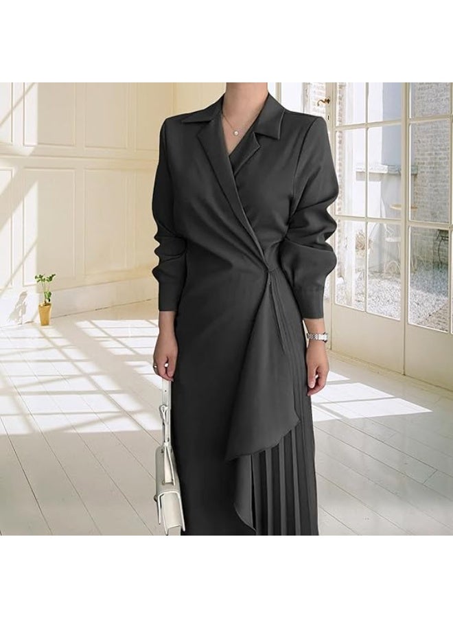Ladies Tunic Dress Solid Color Formal Elegant Shirt Dress Asymmetrical Pleated Design Long Suit Dress for Casualss - Image 5