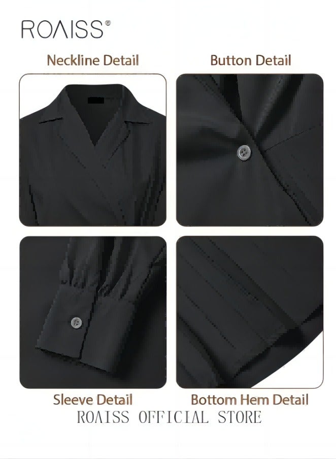 Ladies Tunic Dress Solid Color Formal Elegant Shirt Dress Asymmetrical Pleated Design Long Suit Dress for Casualss - Image 3