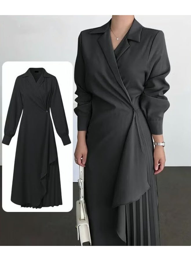 Ladies Elegant Dress, Fashionable Temperament Shirt Dress, Long Skirts for Women, Solid Color Tunic Asymmetrical Pleated Design Long Suit Dress for Casualss, Banquet Wedding Party ﻿Evening Dress - Image 1