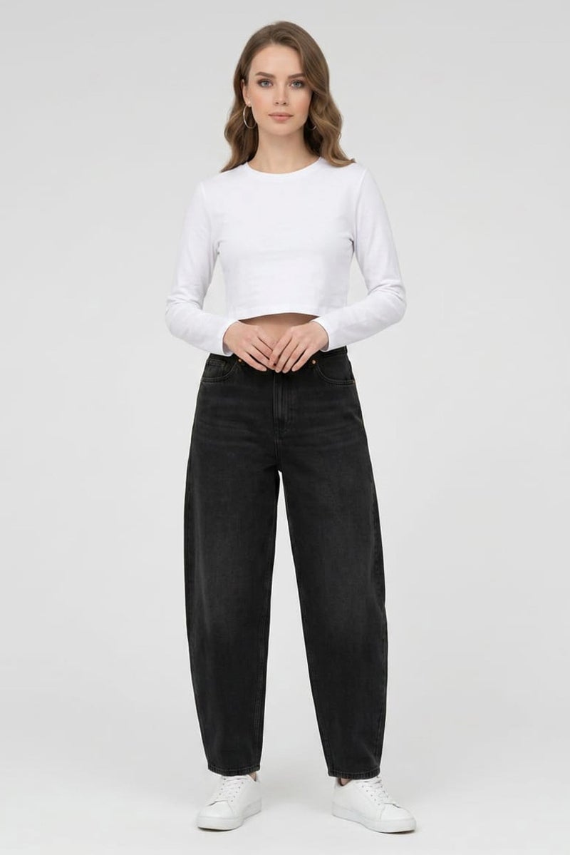 MONKI Women Barrel Fit Washed Non Stretchable Jeans, Black - Image 2