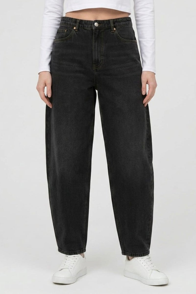 MONKI Women Barrel Fit Washed Non Stretchable Jeans, Black - Image 1