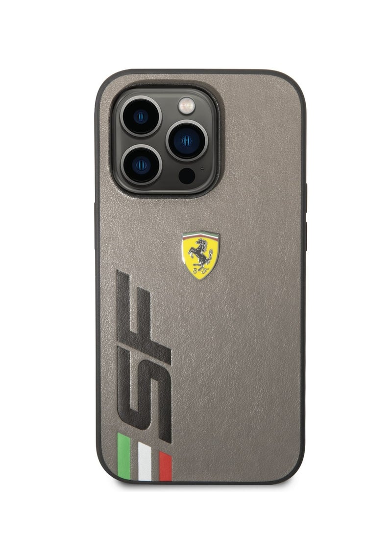 Ferrari iPhone 14 Pro Case PU Leather Back Cover with Printed Big SF Logo / Lifted Ring Case / Yellow Sheild Logo / Printed Text / PU Leather Case / Slim Profile / Easy Snap-On / Drop & Bumper Protection - Grey - Image 1