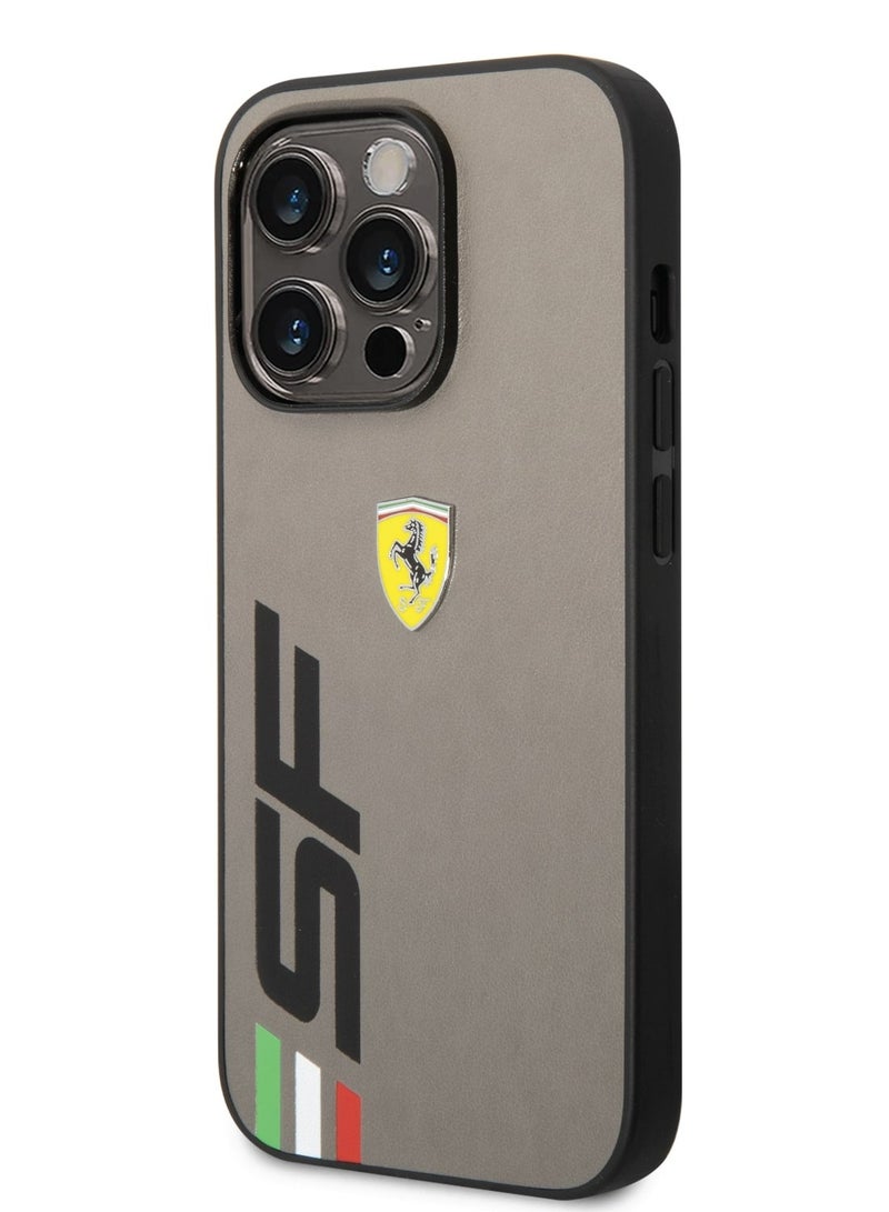 Ferrari iPhone 14 Pro Case PU Leather Back Cover with Printed Big SF Logo / Lifted Ring Case / Yellow Sheild Logo / Printed Text / PU Leather Case / Slim Profile / Easy Snap-On / Drop & Bumper Protection - Grey - Image 3