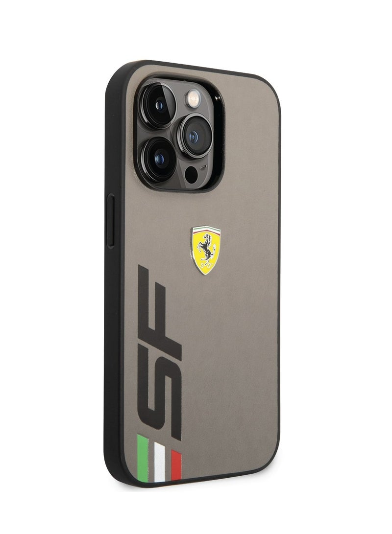 Ferrari iPhone 14 Pro Case PU Leather Back Cover with Printed Big SF Logo / Lifted Ring Case / Yellow Sheild Logo / Printed Text / PU Leather Case / Slim Profile / Easy Snap-On / Drop & Bumper Protection - Grey - Image 2