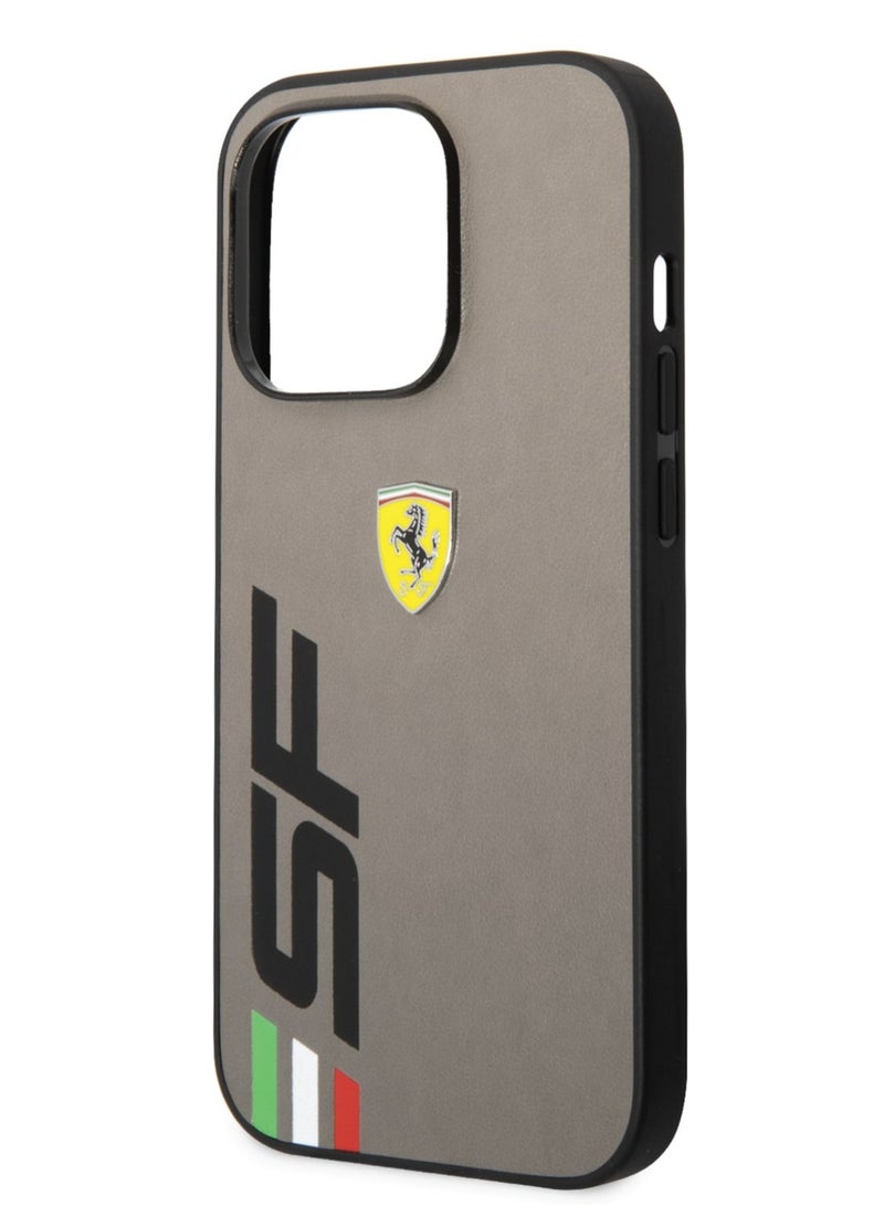 Ferrari iPhone 14 Pro Case PU Leather Back Cover with Printed Big SF Logo / Lifted Ring Case / Yellow Sheild Logo / Printed Text / PU Leather Case / Slim Profile / Easy Snap-On / Drop & Bumper Protection - Grey - Image 4