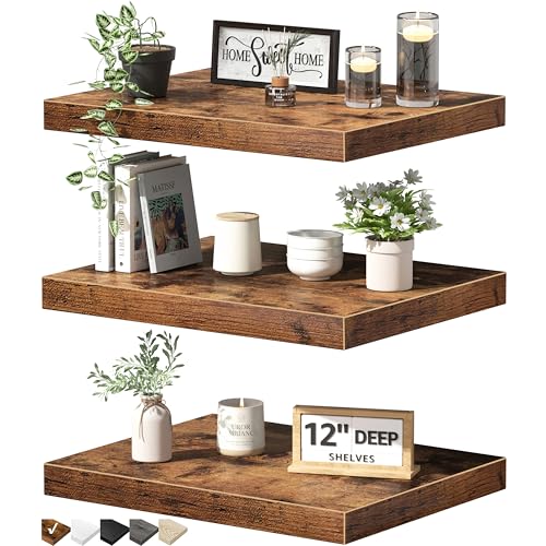 QEEIG 12" Deep Floating Shelves for Wall - 12 x 16 inch Book Shelf Bathroom Bedroom Kitchen Living Room Hanging Bookshelf Farmhouse Set of 3, Brown (026-40BN3) - Image 1