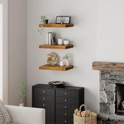 QEEIG 12" Deep Floating Shelves for Wall - 12 x 16 inch Book Shelf Bathroom Bedroom Kitchen Living Room Hanging Bookshelf Farmhouse Set of 3, Brown (026-40BN3) - Image 4