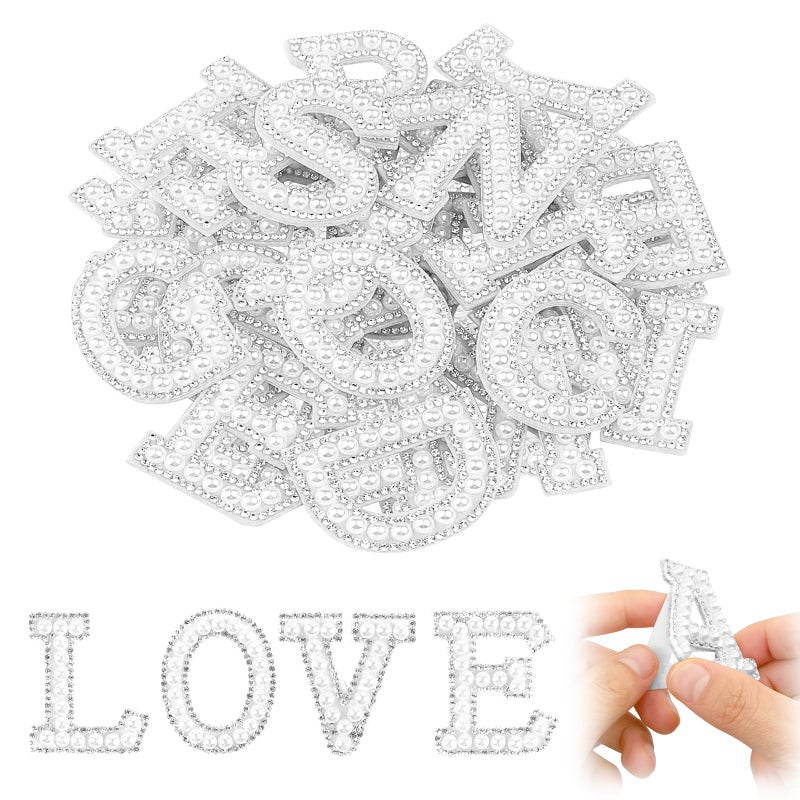 LUSTRIB Cute 26 English Letters Patch Stickers, A-Z Alphabet Applique with Pearls and Small Diamonds, Self-Adhesive Letter Patches/Fabric Letter Sticks, Initial Letters Embroidered Chenille Sticker (Pink) - Image 1