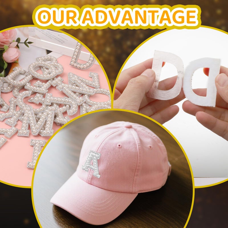 LUSTRIB Cute 26 English Letters Patch Stickers, A-Z Alphabet Applique with Pearls and Small Diamonds, Self-Adhesive Letter Patches/Fabric Letter Sticks, Initial Letters Embroidered Chenille Sticker (Pink) - Image 3
