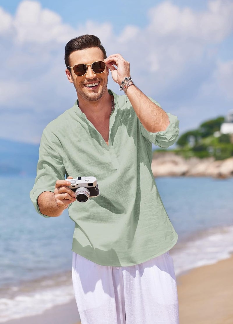 COOFANDY Men's Cotton Linen Henley Shirt Long Sleeve Casual Beach T-Shirt - Image 4