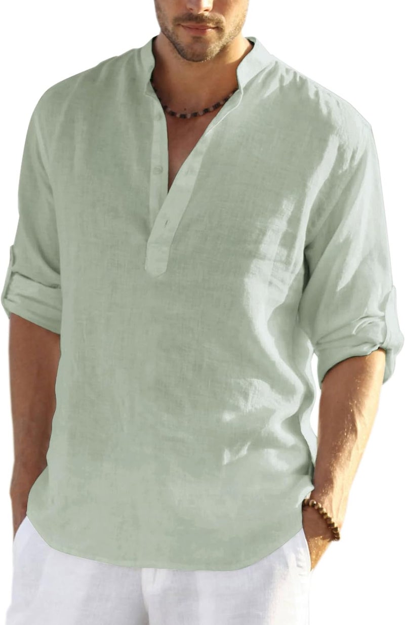 COOFANDY Men's Cotton Linen Henley Shirt Long Sleeve Casual Beach T-Shirt - Image 1