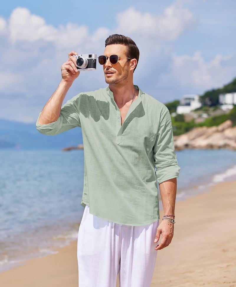 COOFANDY Men's Cotton Linen Henley Shirt Long Sleeve Casual Beach T-Shirt - Image 3