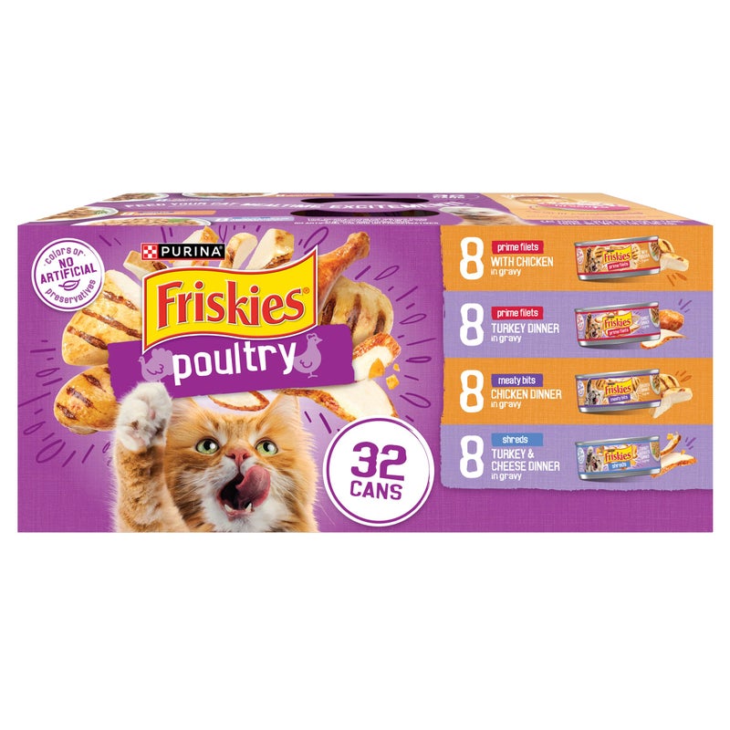Friskies طعام قطط رطب من بورينا فريسكيز بنكهة الصلصة - مجموعة متنوعة، قطع دجاج، قطع لحم وشرائح رئيسية - (عبوة من 32) علب 5.5 أونصة. - Image 1