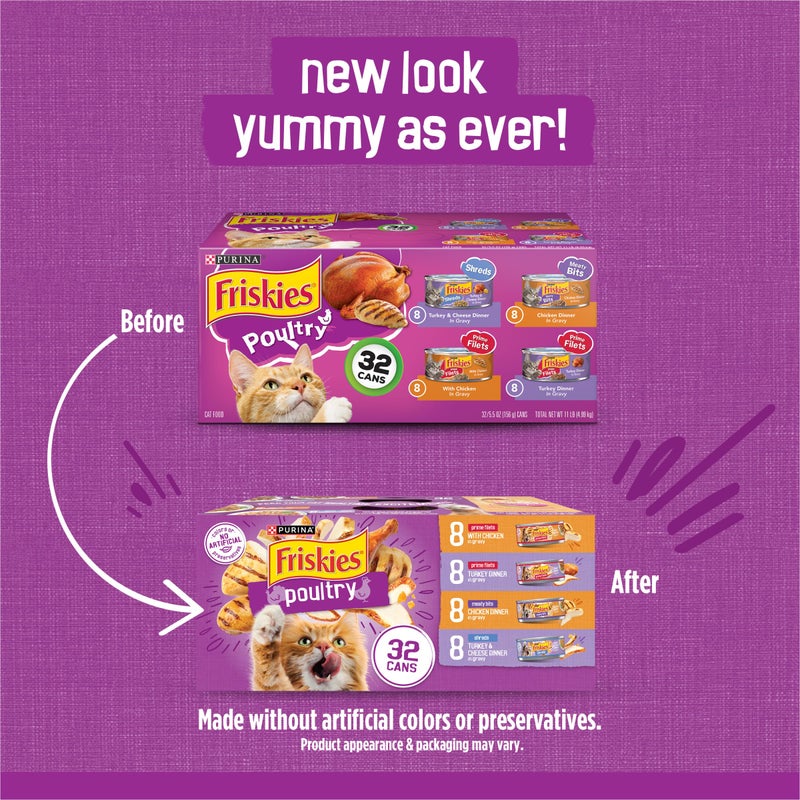 Friskies طعام قطط رطب من بورينا فريسكيز بنكهة الصلصة - مجموعة متنوعة، قطع دجاج، قطع لحم وشرائح رئيسية - (عبوة من 32) علب 5.5 أونصة. - Image 2